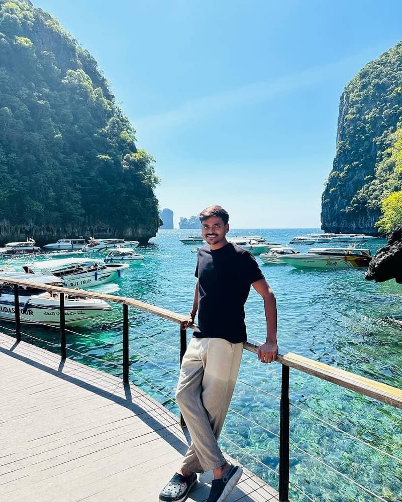 Rishabh at Maya Bay, Phi Phi Islands, Phuket — turquoise waters and limestone cliffs